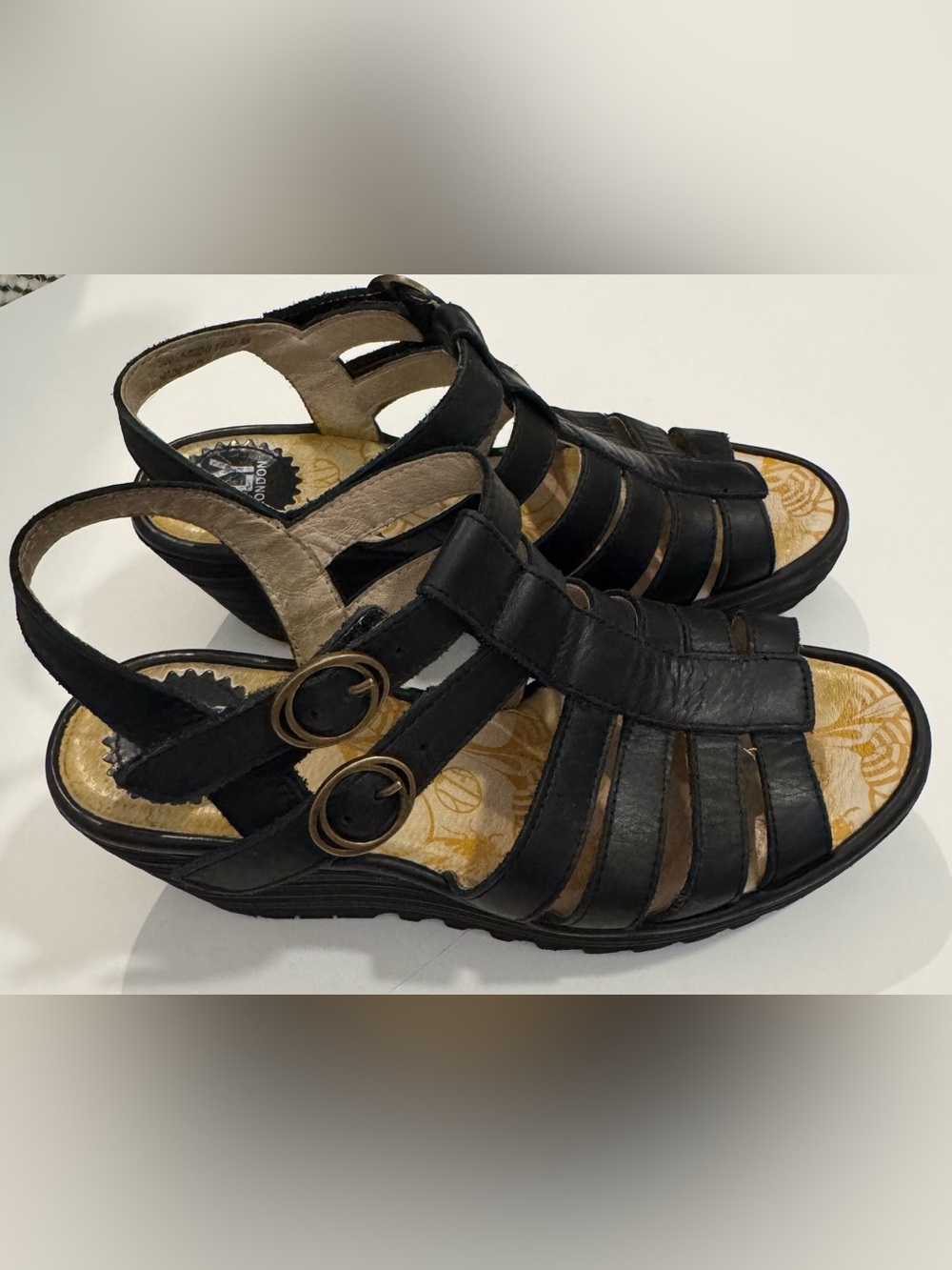 FLY London Black Leather Cage Wedge Sandals 38 US 7-7.5 Velcro Strappy